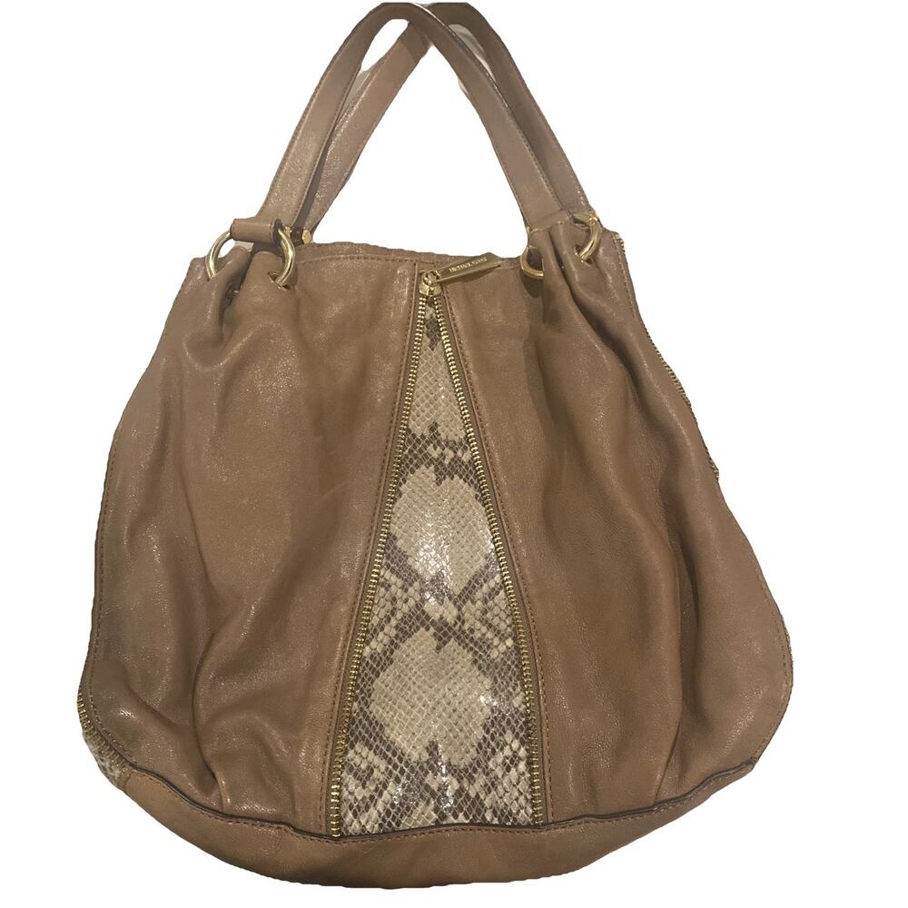 MICHAEL KORS MK Brown Tan Leather Hobo Shoulder Bag Purse Snakeskin Gold Accent